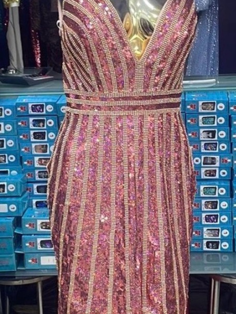 Jovani Pink and Gold Sequin V-Neck Prom Dress